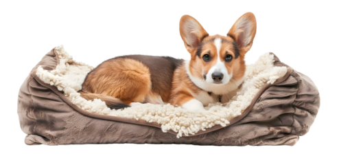 Corgi dog lying in dog bed, isolated on transparent background, pet concept, realistic illustration, generative ai