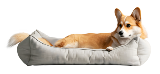 Corgi dog lying in dog bed, isolated on transparent background, pet concept, realistic illustration, generative ai