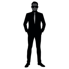 A business man stand with sun glass vector silhouette, isolated white background