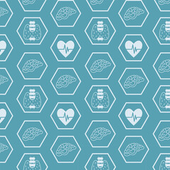 Seamless pattern with biology icons collection. Line icons of internal organs, heart, thyroid gland, brain seamless pattern on blue background. Vector illustration