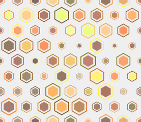Seamless hexagon pattern. Multicolored geometric elements of varied size. Hexagon mosaic background with inner solid cells. Honeycomb cells. Tileable pattern. Seamless vector illustration.