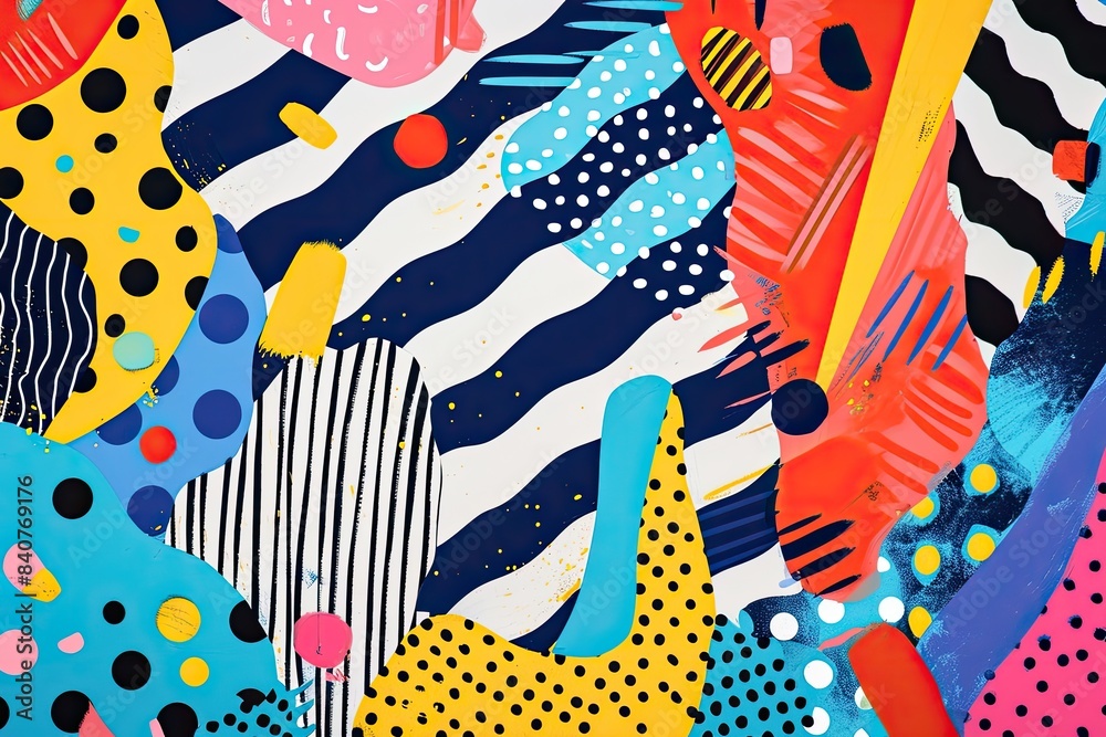 Poster colorful striped and dotted patterns, vibrant and lively vector graphic with a mix of bold stripes a
