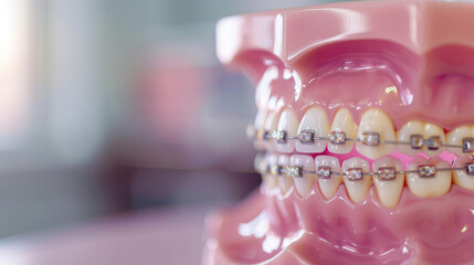 Closeup of braces on dental model, focus is the braces and teeth with blurred background