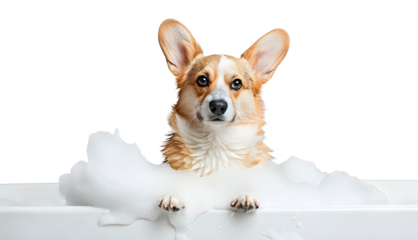 Cute Corgi dog in a bath with foam, isolated on transparent background, cute pet concept, realistic illustration, generative ai