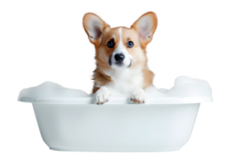 Cute Corgi dog in a bath with foam, isolated on transparent background, cute pet concept, realistic illustration, generative ai