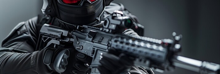 Futuristic Soldier in Black Tactical Gear Holding Rifle