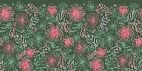 Vector dark green touch me not shameplant floral horizontal pattern. Perfect for invitation cards and Christmas posters.