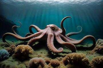 Un pulpo en un mar cristalino iluminado por rayos de luz solar