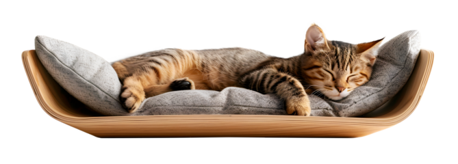 Cute Cat lying in bed, isolated on transparent background, pet concept, realistic illustration, generative ai