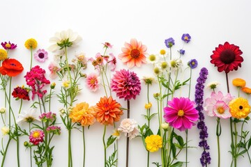 Colorful assorted flowers., Whimsical and colorful bunch of flowers in a random arrangement against a white background