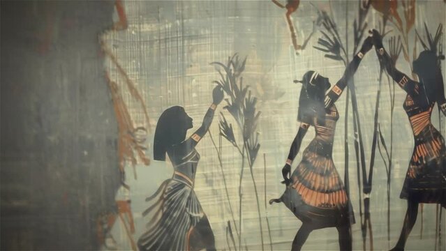 Animated depiction of ancient Egyptian dance ritual on aged parchment
