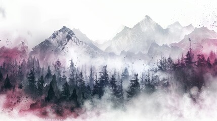 Obraz premium A beautiful fantasy landscape on a white background. Mountains, trees, fog. Watercolor painting. Abstract intricate splashes of paint on a white background. Generative AI. hyper realistic 