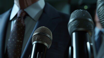 Close-up of media microphones held in front of a businessman during a press conference, photorealistic, capturing the moment of addressing the media