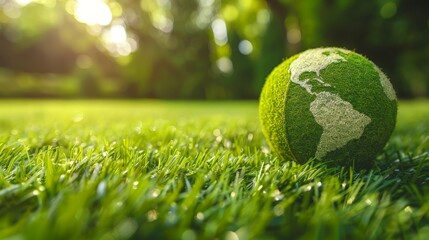Naklejka premium Close-up of globe made of natural green grass on grass in forest, Earth Day and environment protection theme, minimalistic with large copy space