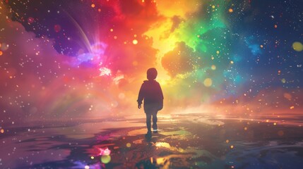 A child in rainbow coloured imaginary world. Child mental health concept. ASD, autism spectrum disorder awareness concept. Asperger's syndrome, early intervention. hyper realistic 
