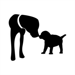 The image is a black and white silhouette of a dog and a puppy kissing.
The dog is larger than the puppy and appears to be bending down to meet the puppy’s snout.
Their tails are wagging.