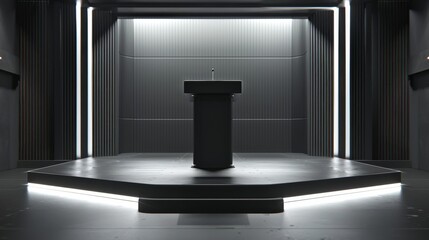 Conference hall with an empty podium, photorealistic and minimalistic, ready for a presidential debate or major speech, ideal for event staging visuals