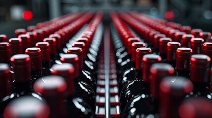 Detailed close-up of red wine bottles on conveyor belts, minimalist and photorealistic, capturing the filling line in a wine factory for the food industry