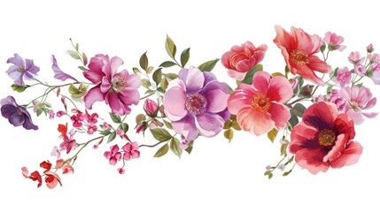 Colorful floral illustration, Whimsically arranged vector flowers forming an enchanting composition against a white background