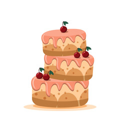 Festive three-layer birthday cake with cherries. Illustration, vector