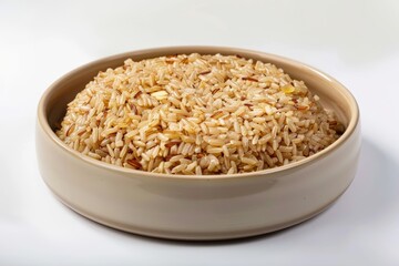 Perfectly Cooked Baked Brown Rice with Delicate Golden Crust in Ceramic Bowl