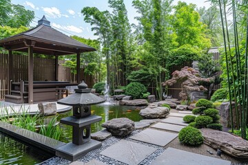 Fototapeta premium Tranquil Japanese Zen Garden with Bamboo Grove, Koi Pond, and Stone Lanterns for Peaceful Retreat