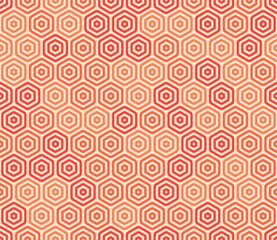 Hexagonal pattern background. Bold rounded stacked hexagon cells. Orange color tones. Hexagonal shapes. Seamless pattern. Tileable vector illustration.