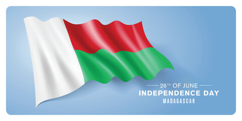 Madagascar independence day vector banner, greeting card. Madagascarien wavy flag in 26th of June patriotic holiday horizontal design with realistic flag