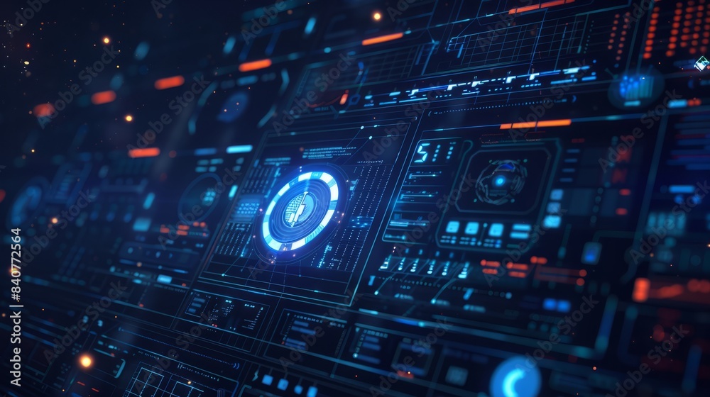 Poster abstract artificial intelligence system on screen and command bar on dark blue background. low poly 