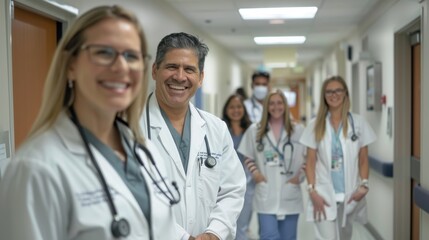 Healthcare Team Smiling in Hospital Hallway for Medical Poster or Brochure Design