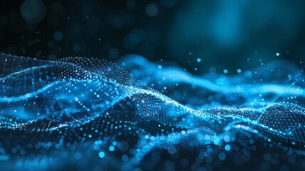 Abstract background with a blue digital mesh and dots on a dark background,blue wave data transfer futuristic technology concept. hyper realistic 