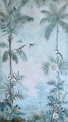 Illustration of tropical wallpaper print design with palm leaves, monstera leaves, birds and texture. Exotic plants and birds on textured background. AI generated illustration