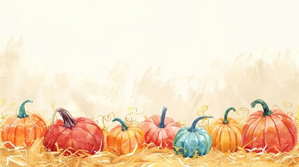 Vector illustration drawing of colorful pumpkins on hay
