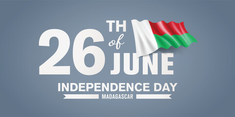 Madagascar happy independence day greeting card, banner with template text vector illustration. Madagascarien memorial holiday 26th of June design element with 3D flag with stripes