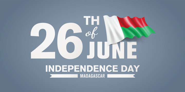 Madagascar happy independence day greeting card, banner with template text vector illustration. Madagascarien memorial holiday 26th of June design element with 3D flag with stripes