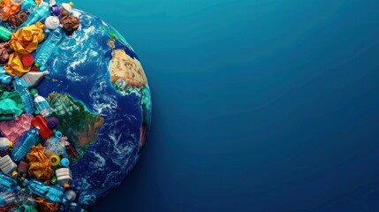 Fototapeta premium Earth overshadowed by plastic pollution on blue