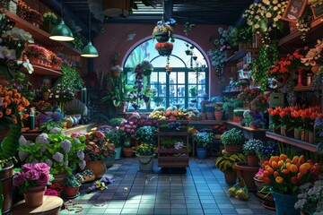 Fototapeta premium Vibrant Flower Shop Interior with Colorful Blooms and Green Plants for Spring Decor and Design Inspiration