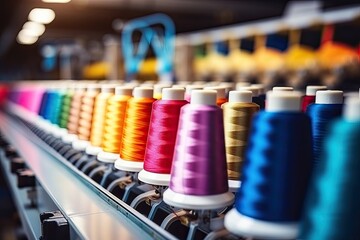 Multi colored reel thread set up at modern and automatic sewing or embroidery spinning machine textile industry factory concept,