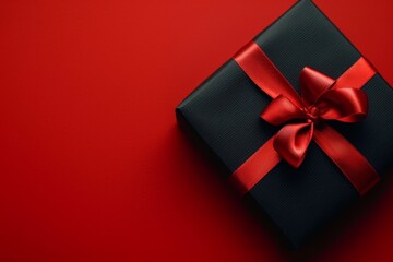 Red background, a gift box with a red ribbon on the right side of the picture 