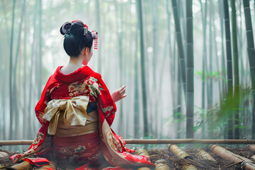 Obraz premium Elegant geisha in a bamboo forest, offering a serene
