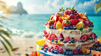 Fototapeta premium Tropical Fruit Cake by Sunny Beach - Perfect for Summer Ad Campaigns and Dessert Promotions