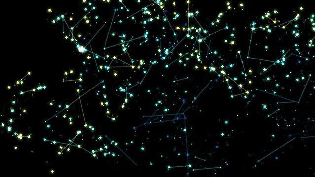 Multiple linear connections between colored dots, simulation of servers connected to each other