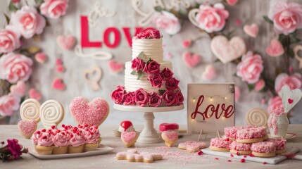 Romantic Valentine's Day Bakery Setup with Heart Shaped Cookies, Rose Cake, and Love Decorations - Powered by Adobe