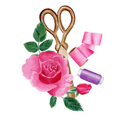 Watercolor composition with sewing accessories and rose, isolated watercolor painting on white background, clip art. For posters, logos, labels, cards