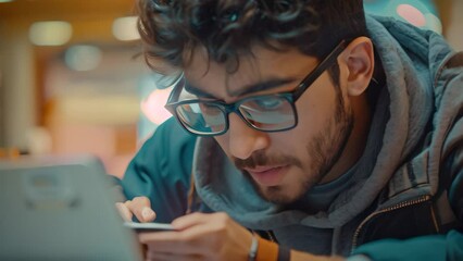 A man wearing glasses focused on his laptop screen, typing and deep in thought, A student typing on a laptop, deep in thought while working on a research paper - Powered by Adobe