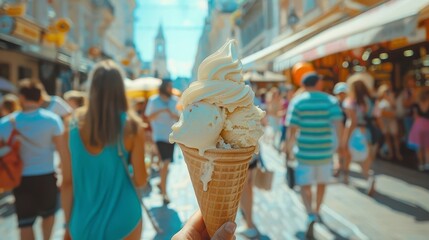 Ice Cream on the Go Capture the hustle and bustle of people eating ice cream while walking in a busy city or market