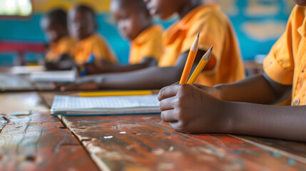 copy space, stockphoto, close up of some primary school students in a primary school classroom in africa. Back to school theme. Education projects in Africa.
