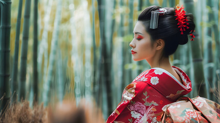 Elegant geisha in a bamboo forest, offering a serene
