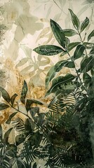 Hand drawn tropical plants, leaves, abstract art drawing. wallpaper, retro pattern Wall Decor Design, Wallpaper, Poster, Card, Mural, Rug, Hanging, Printing. AI generated illustration