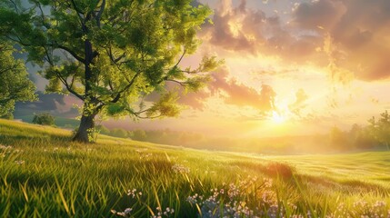 Obraz premium Beautiful spring landscape green meadow at sunrise hyper realistic 